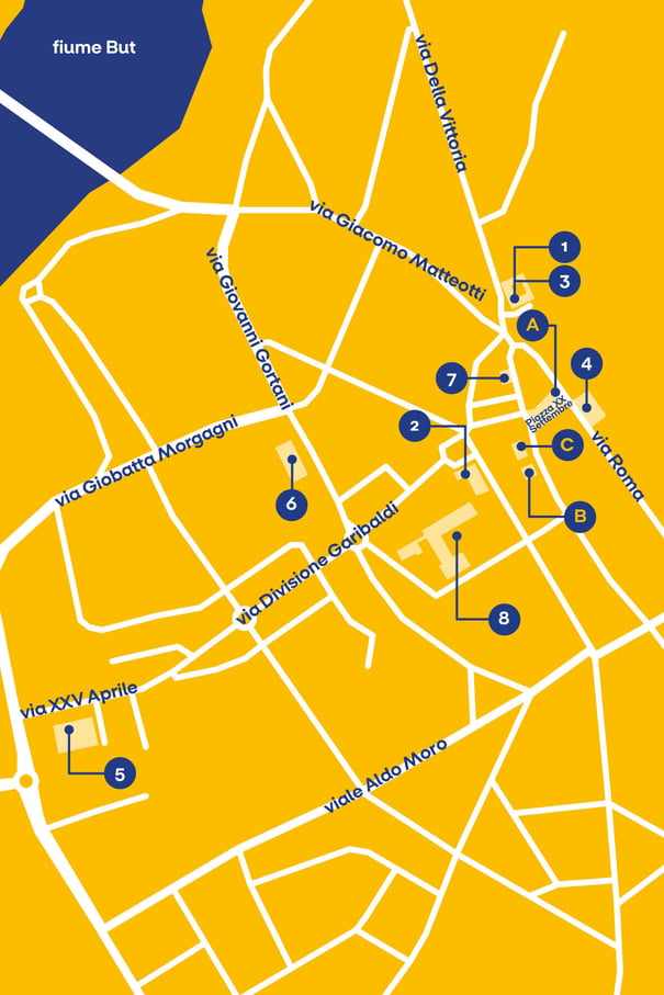 Mappa dei punti di interesse di Tolmezzo. I dettagli sono elencati nel testo seguente.
